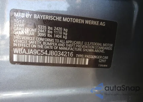 2018 BMW 530E из США, поврежденный, VIN WBAJA9C54JB034216